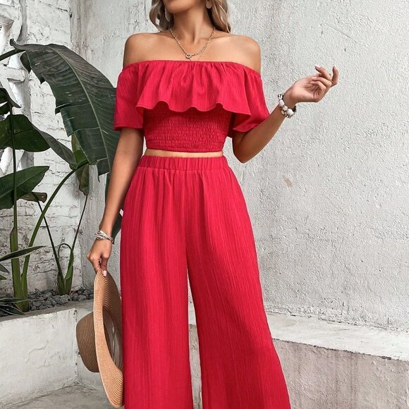 Red Boho Womens Off Shoulder Ruffle Trim Top & Wide Leg Pants - Picture 5 of 5